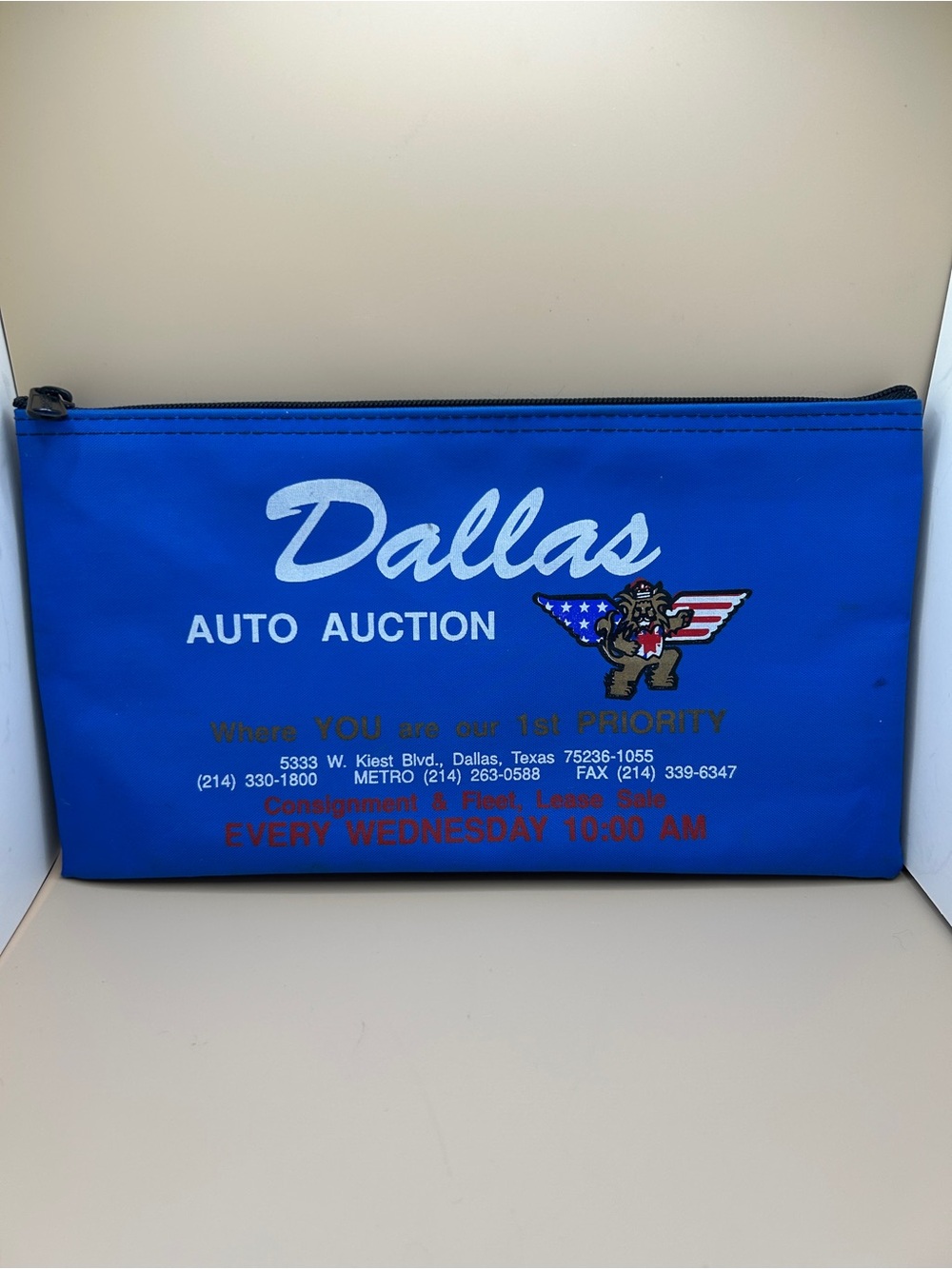 Dallas Auto Auction Blue Vinyl Zippered Deposit Bag